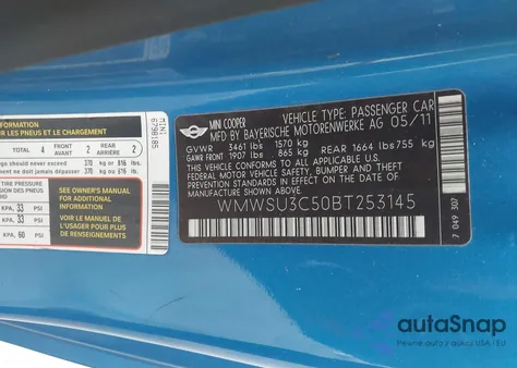 2011 Mini Cooper z USA, uszkodzony, nr VIN WMWSU3C50BT253145
